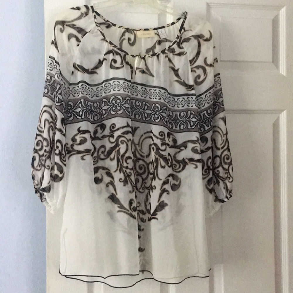 Chico's White Sheer Blouse with Brown and Gray Scroll Print